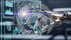 Robotic arm interacting with futuristic interface and data visualization