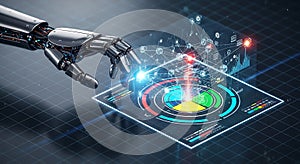 Robotic arm interacts with futuristic holographic interface displaying data analytics and charts