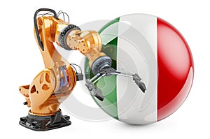 Robotic arm with Italian flag. Modern technology, industry and production in Italy concept, 3D rendering