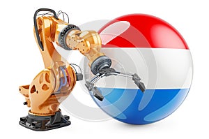 Robotic arm with Luxembourgish flag. Modern technology, industry and production in Luxembourgish concept, 3D rendering