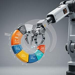 A robotic arm with a mechanical hand is reaching toward a colorful,