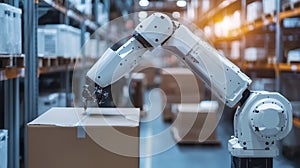 Robotic arm packing box in a warehouse setting