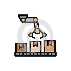 Robotic arm on packing conveyor, production line flat color icon.