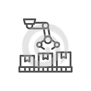 Robotic arm on packing conveyor, production line icon.