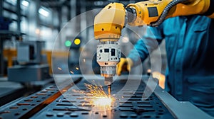 Robotic arm performing precision welding in an industrial environment