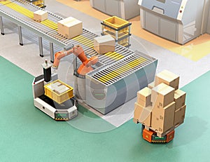 Robotic arm picking parcel from conveyor to AGV photo
