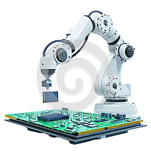 Robotic arm assembling circuit board automation technology  isolated on transparent background