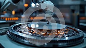 Robotic arm precisely handles silicon wafer in semiconductor factory. Automated process for wafer transfer moves items across photo