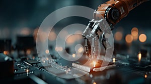 Robotic Arm Precisely Installing Microchip on Circuit Board Advanced Technology AI generated.