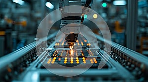 Advanced robotic arm assembling electronic components in a high-tech manufacturing facility