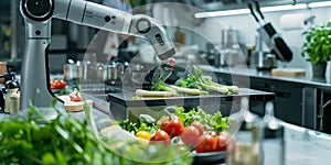 A robotic arm is preparing vegetables in the kitchen of an industrial restaurant, with fresh green leaves on top and colorful