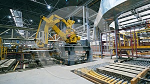 Robotic arm puts bricks onto a conveyor at a factory.