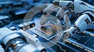 robotic arm is seen installing a processor onto a motherboard. AI generated
