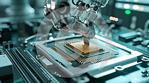 robotic arm is seen installing a processor onto a motherboard. AI generated