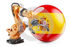 Robotic arm with Spanish flag. Modern technology, industry and production in Spain concept, 3D rendering