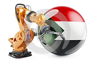 Robotic arm with Sudanese flag. Modern technology, industry and production in Sudan concept, 3D rendering