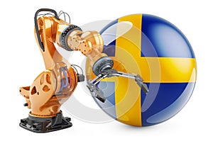 Robotic arm with Swedish flag. Modern technology, industry and production in Sweden concept, 3D rendering