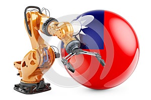 Robotic arm with Taiwanese flag. Modern technology, industry and production in Taiwan concept, 3D rendering