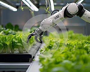 Robotic arm tending to indoor lettuce farm with precision agriculture technology