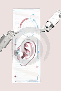 Robotic arm and transparent display. Hud. Ear study. Hearing problems and solutions. Ultrasound. Deafness.