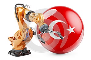 Robotic arm with Turkish flag. Modern technology, industry and production in Turkey concept, 3D rendering