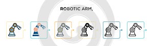 Robotic arm, vector icon in 6 different modern styles. Black, two colored robotic arm, icons designed in filled, outline, line and