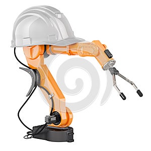 Robotic arm with white hard hat, 3D rendering