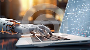 Robotic arm working with computer keyboard