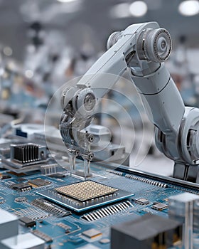 Robotic arm working on a computer processor chip on circuit board.