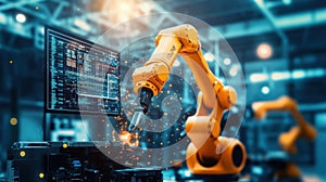 Robotic arm working with computer screen displaying data in factory setting