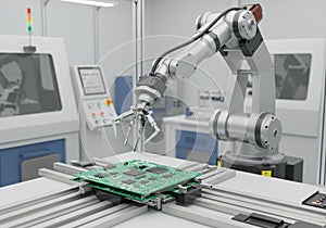 Robotic arm working in an industrial setting, assembling a green printed circuit board