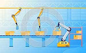 The robotic arm works on the conveyor. Automated production line. Automatic product packaging. Artificial Intelligence