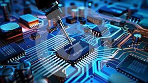 Robotic arm writing on circuit board surrounded by advanced microelectronics technology