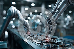 Robotic arms assembling electronic components in a high-tech factory