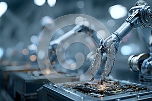 Robotic arms assembling electronic components in a high-tech factory