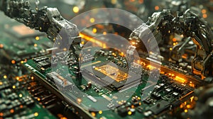 Robotic Arms Assembling a Microchip on a Circuit Board