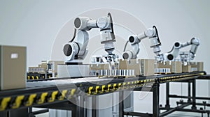 Robotic arms assembling a product on a conveyer belt photo