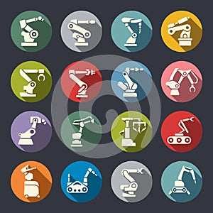 Robotic arms circle colourful flat icon set