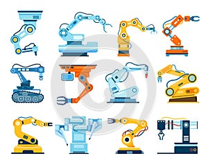 Robotic arms, industrial manipulating arm, robot hand machine. Factory manipulators, automated mechanical hands