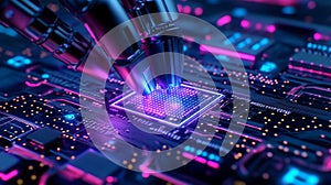 Robotic Arms Installing a Microchip on a Circuit Board