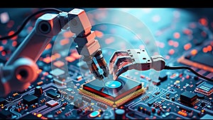 Robotic Arms Installing Microchip On Circuit Board