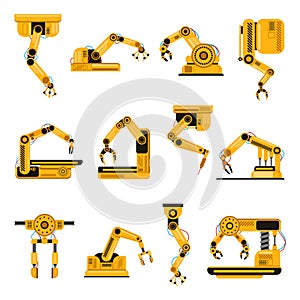 Robotic arms. Manufacturing industry mechanical robot arm, machinery technology, factory machine hands isolated vector