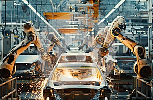 Robotic arms and metal structures assemble cars in a bustling factory, Automation, manufacturing, industrial revolution concept