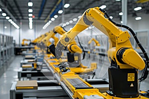 robotic arms operating along a conveyor belt in a modern factory setting, replacement of human labor by machinery and