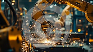 Robotic arms are seen welding and shaping steel parts in a modern, automated steel factory. photo