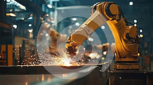 Robotic arms are seen welding and shaping steel parts in a modern, automated steel factory. photo