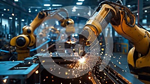 Robotic arms are seen welding and shaping steel parts in a modern, automated steel factory. photo