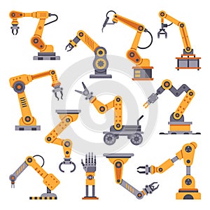 Robotic arms set. Manufacturing automation technology. Industrial robot arm machine. Factory assembly robots flat design vector