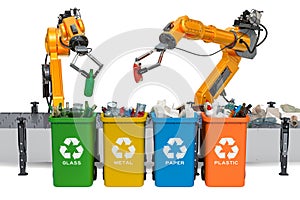 Robotic arms sorting garbage, automatic sorting of trash. 3D rendering
