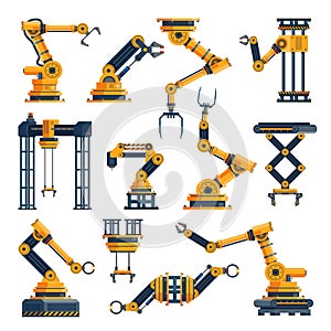 Robotic arms. Technological factory equipments elements, automatic electronic manipulators system, robotic technology